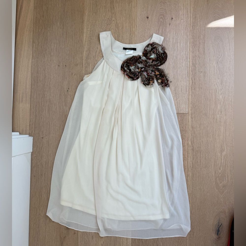 Cream Sheer Overlay shift Dress Floral Rosette Detail Boutique Mini Dress